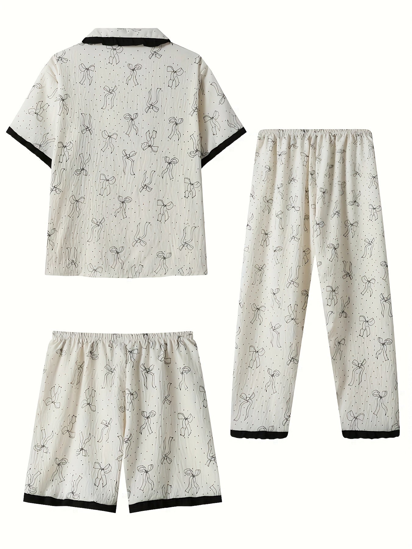 Elegant Bow Print Pajama Set – 3-in-1 (Shirt, Shorts & Pants)