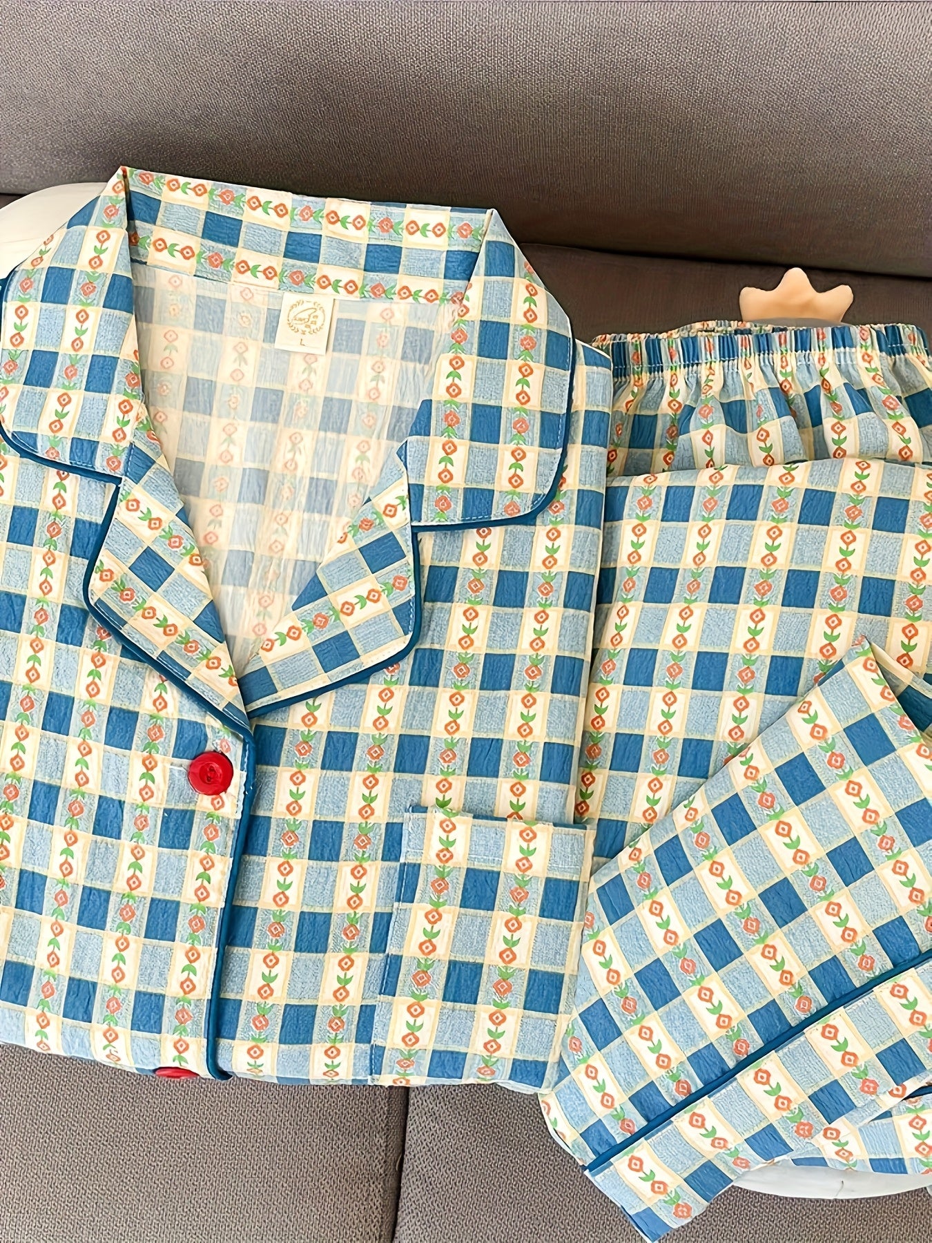 Vintage Blue Check Pajama Set – Button Shirt & Pants