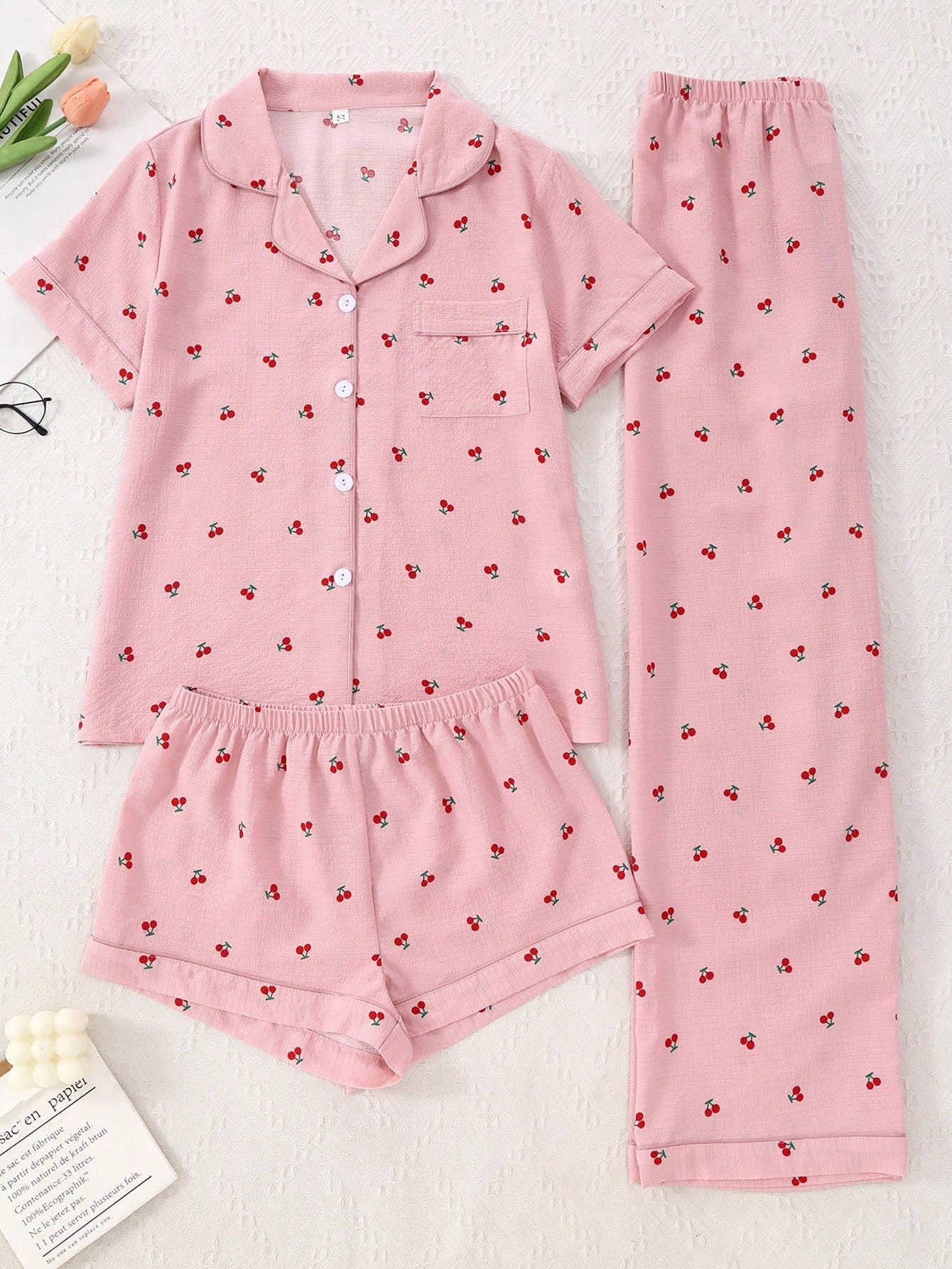 3-Piece Cherry Print Pajama Set