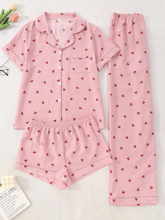 3-Piece Cherry Print Pajama Set
