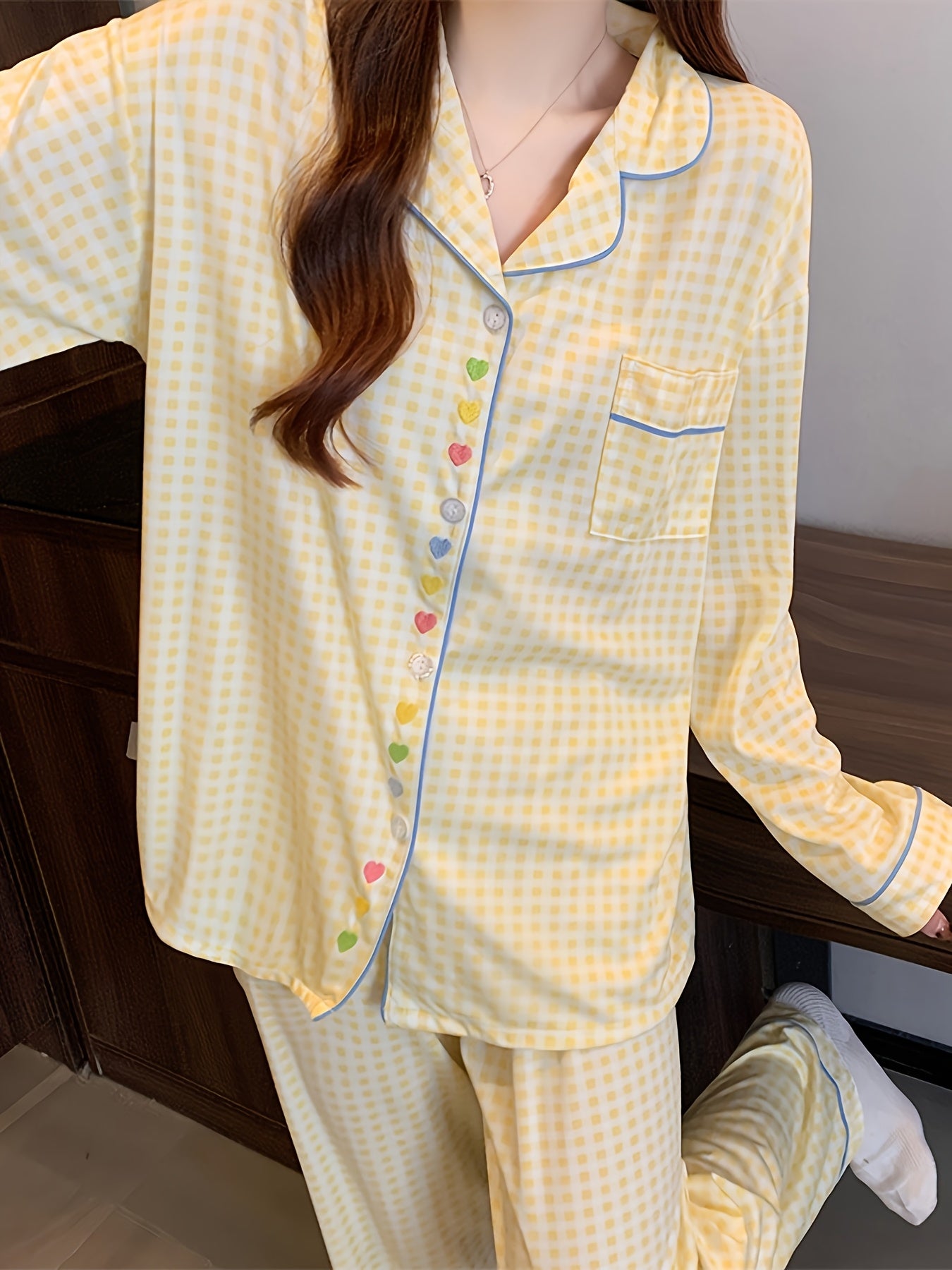 Yellow Gingham Pajama Set with Heart Buttons – Shirt & Pants