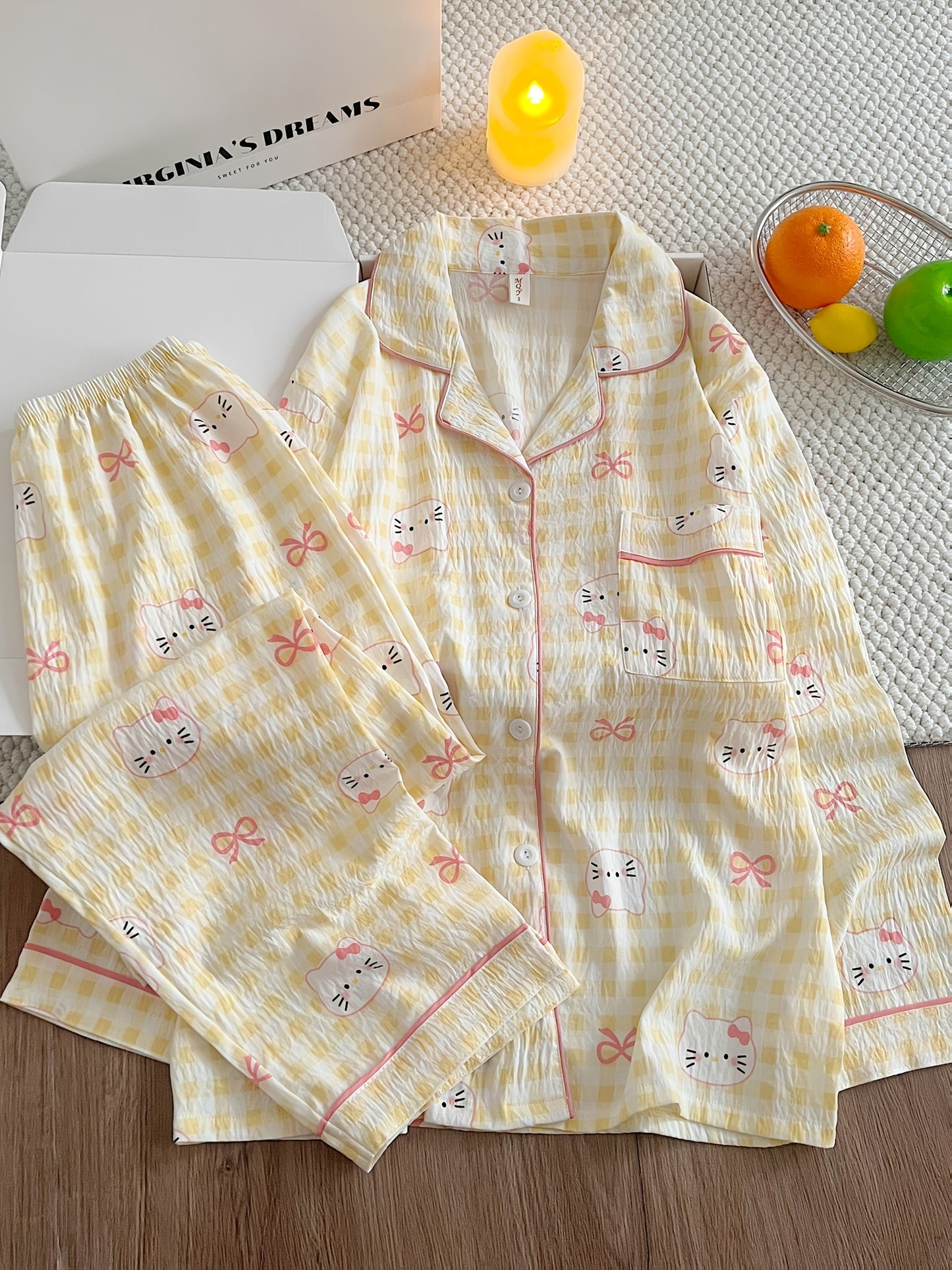 Yellow Gingham Kitty Pajama Set – Button Shirt & Pants
