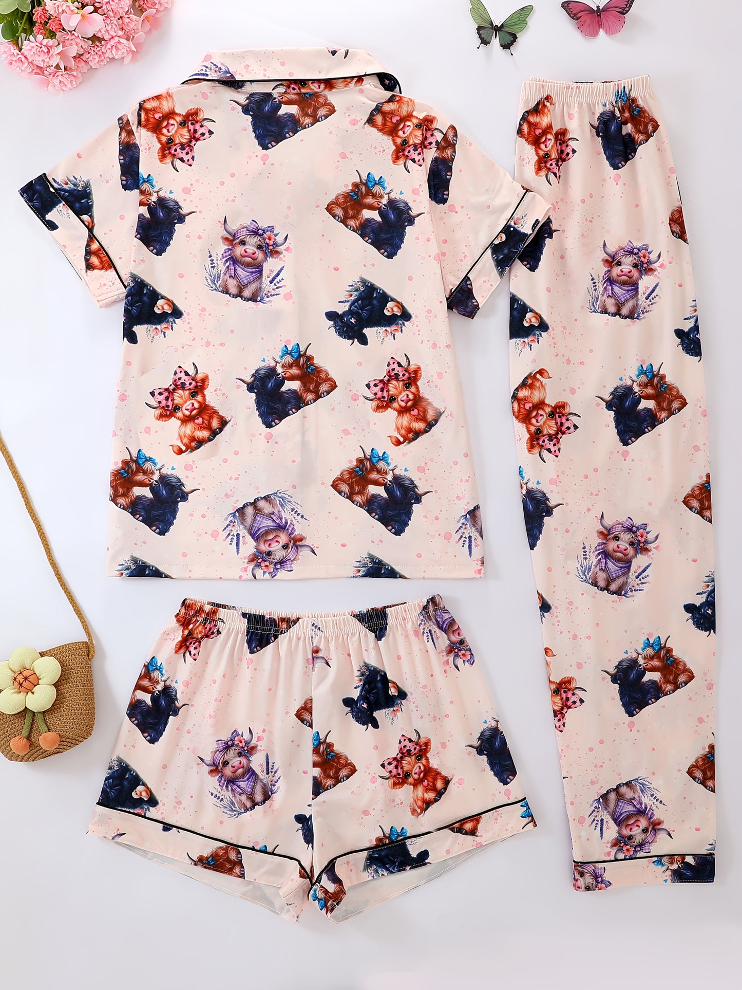 Adorable Cartoon Cow Print Nightwear Set (3-Piece Combo)