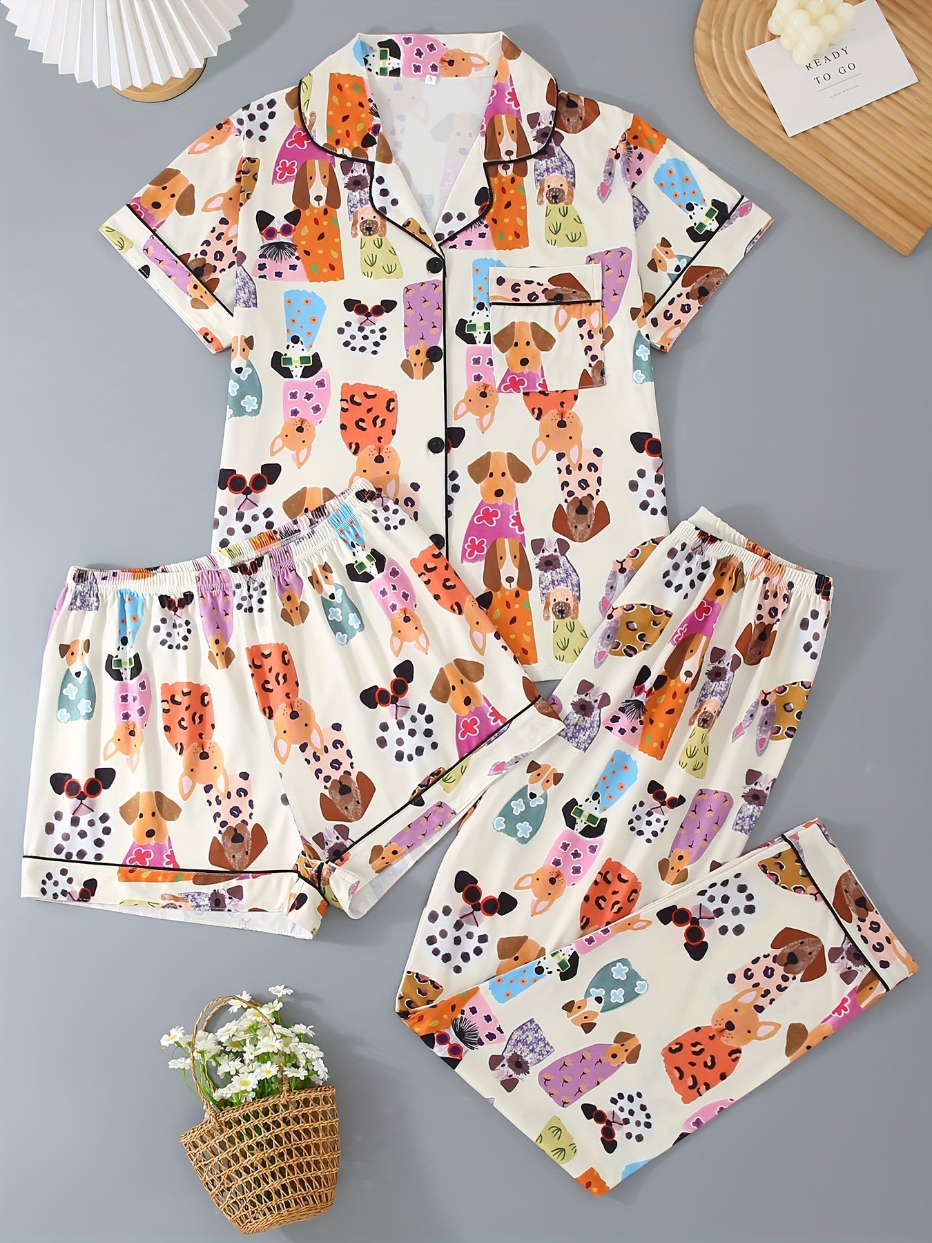 Puppy Party Satin Nightwear Set (3-Piece Combo) 🐶✨