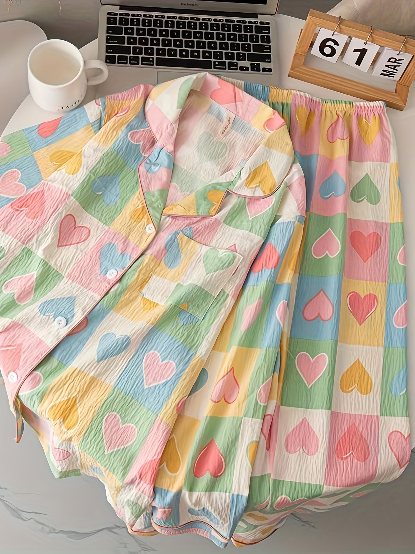 Pastel Heart Print Pajama Set – Button Shirt & Pants