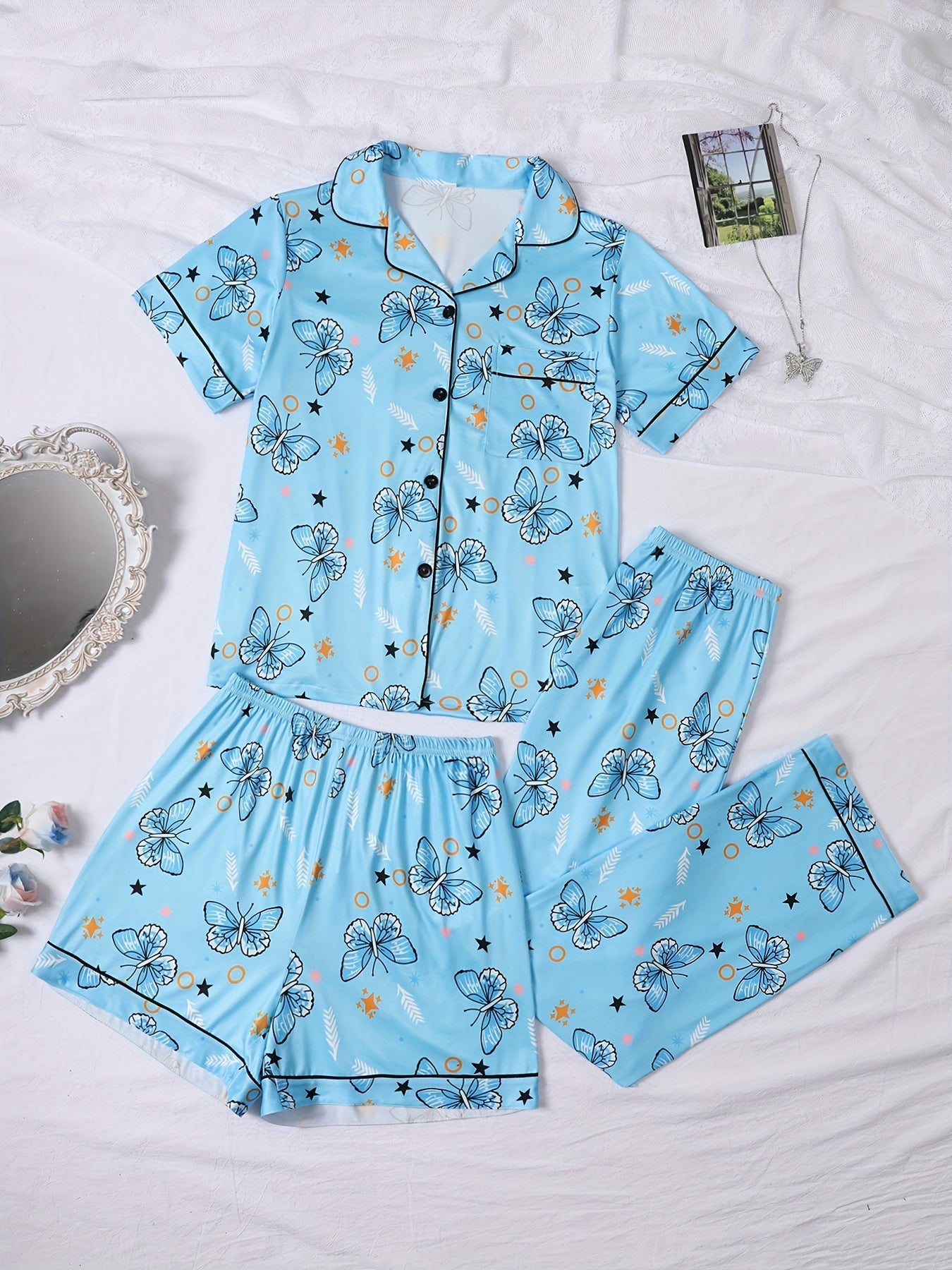Blue Butterfly Dream Nightwear Set (3-Piece Combo)