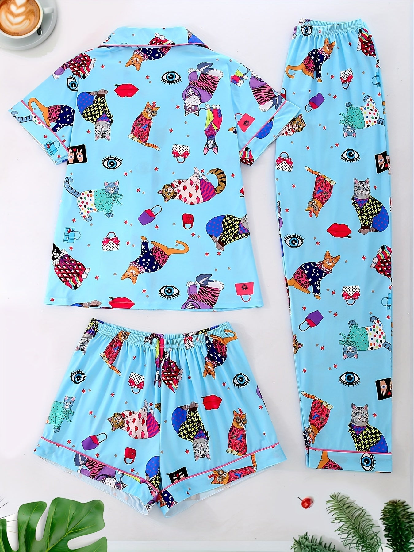 Quirky Cat Party Nightwear Set (3-Piece Combo)