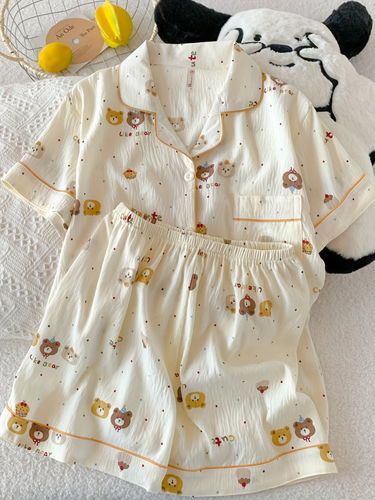 Cute Bear Print Pajama Set – Short Sleeve & Shorts 🐻✨