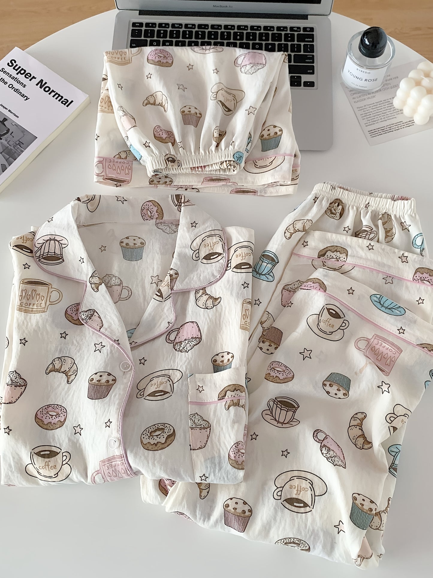 Coffee & Donuts Print Pajama Set – Shirt, Shorts & Pants