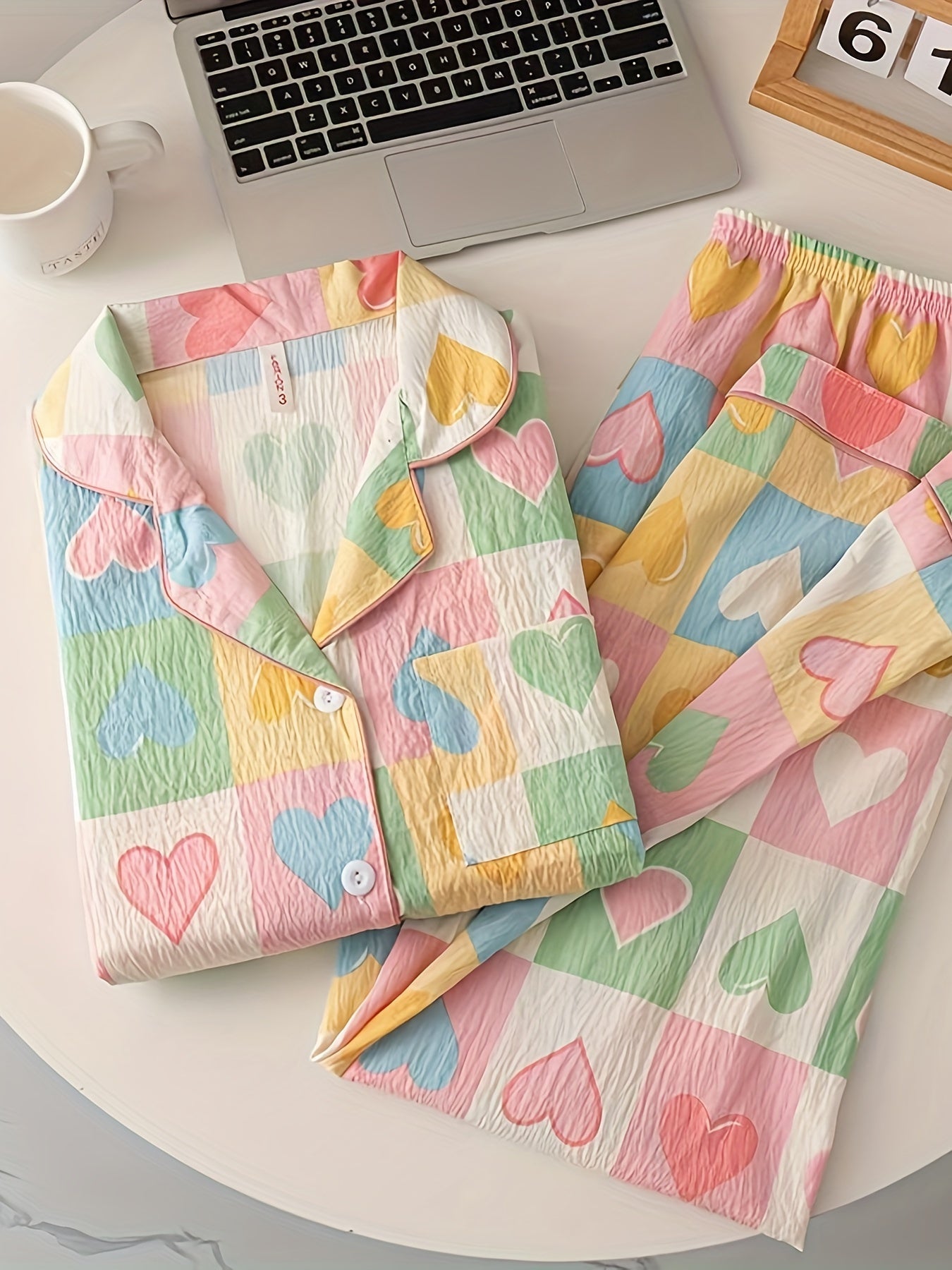 Pastel Heart Print Pajama Set – Button Shirt & Pants