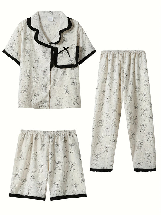 Elegant Bow Print Pajama Set – 3-in-1 (Shirt, Shorts & Pants)