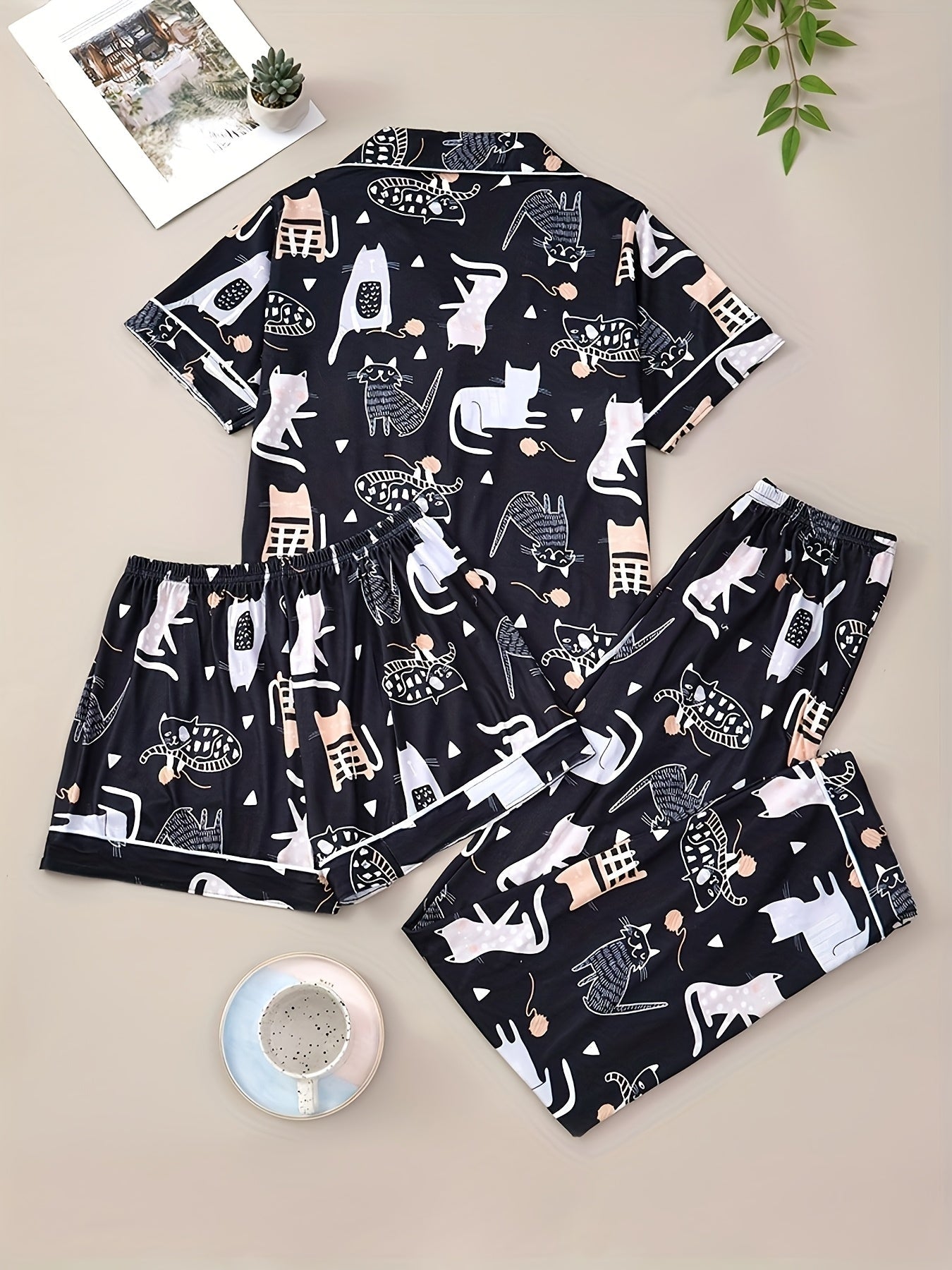 Purrfect Dreams Cat Print Nightwear Set (3-Piece Combo)