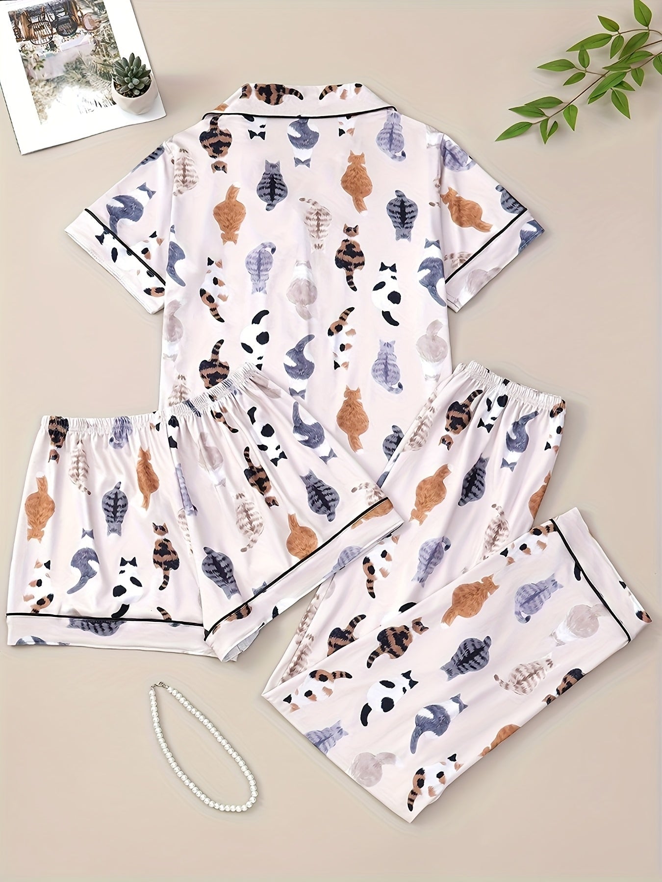 Cozy Cats Printed Nightwear Set (3-Piece Combo)