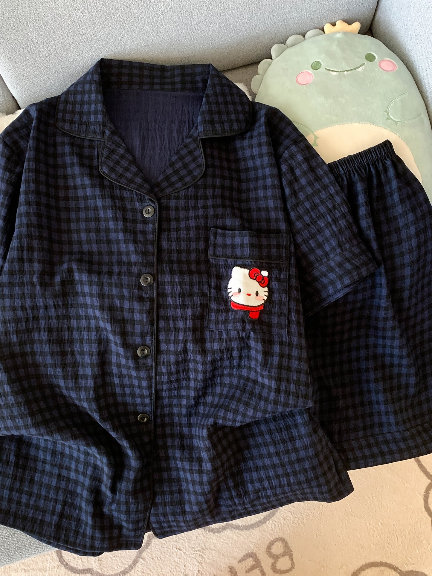 Navy Check Pajama Set with Hello Kitty Pocket – Shirt & Shorts