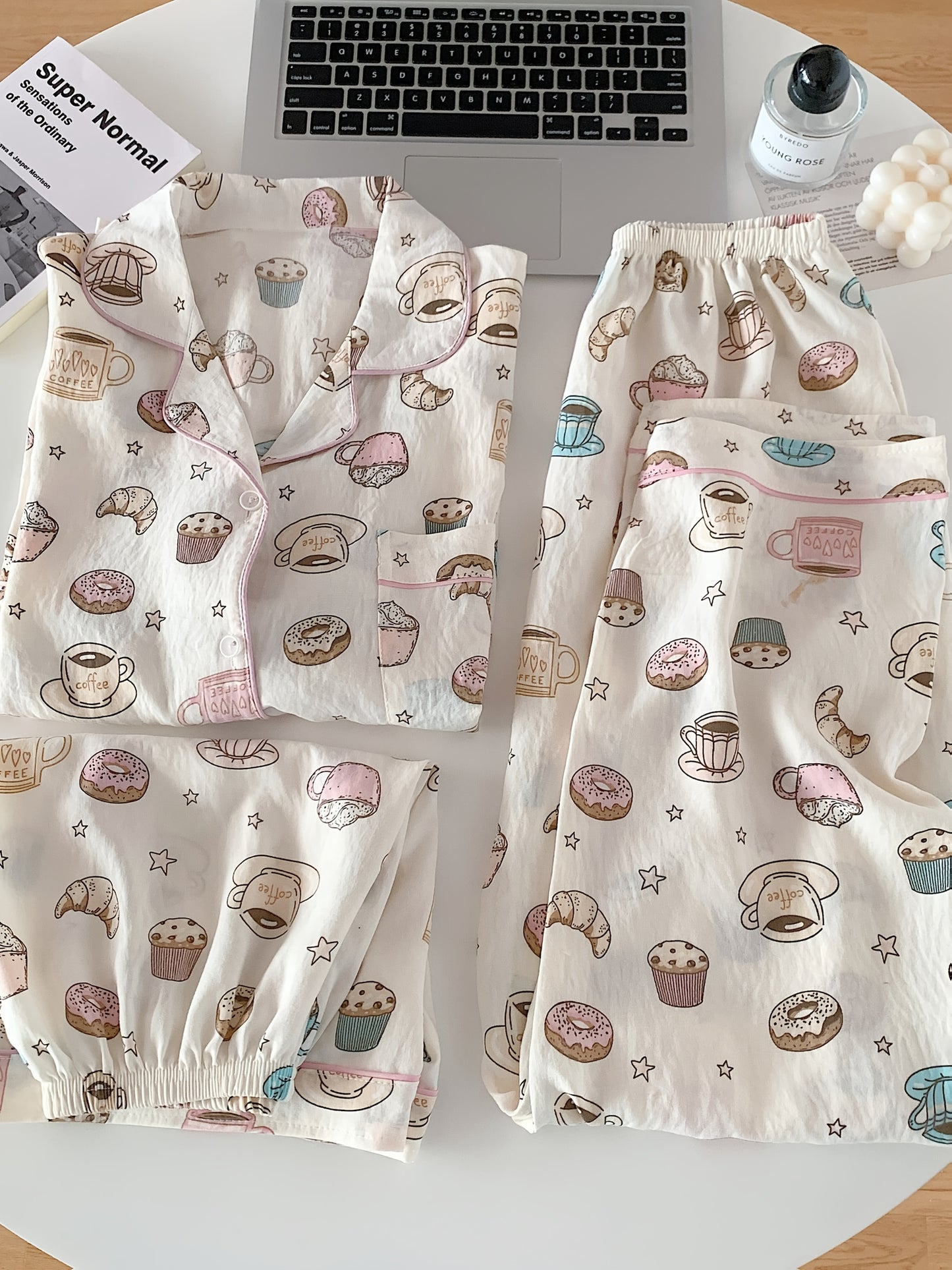 Coffee & Donuts Print Pajama Set – Shirt, Shorts & Pants
