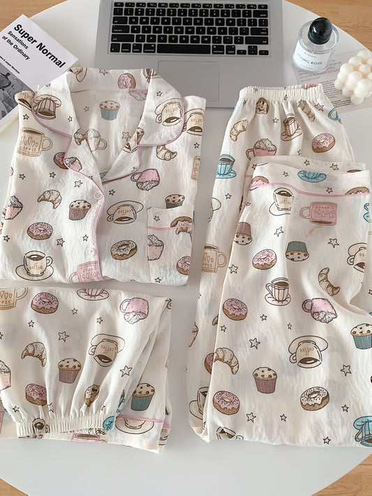 Coffee & Donuts Print Pajama Set – Shirt, Shorts & Pants