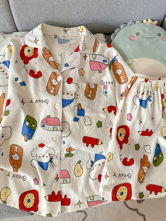 Cartoon Breakfast Print Pajama Set – Shirt & Shorts