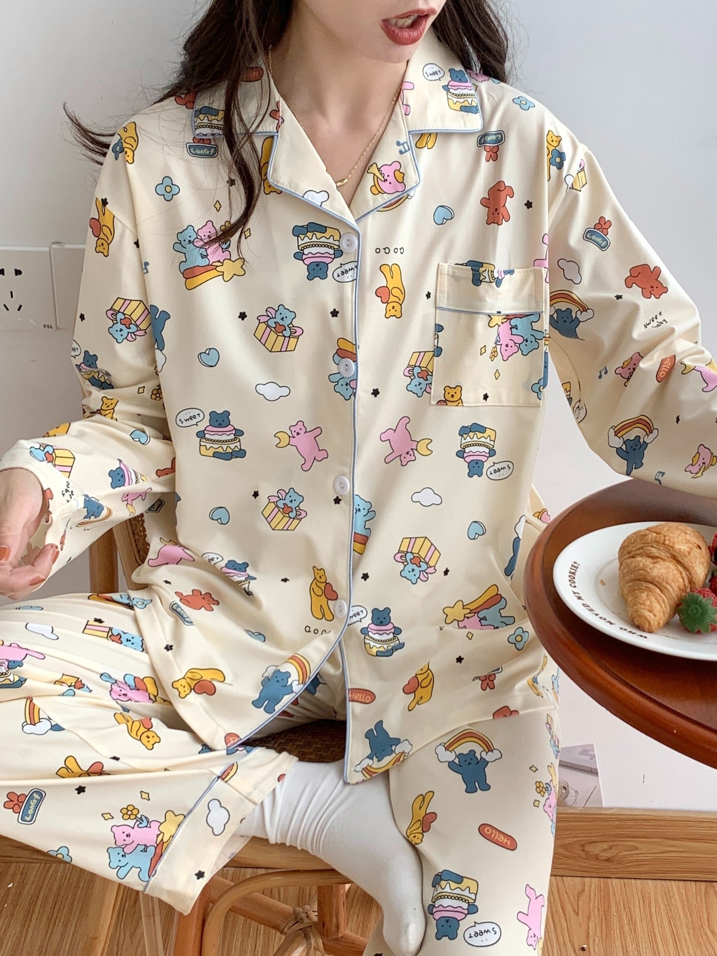 Cartoon Bear & Rainbow Pajama Set – Shirt & Pants
