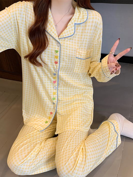 Yellow Gingham Pajama Set with Heart Buttons – Shirt & Pants