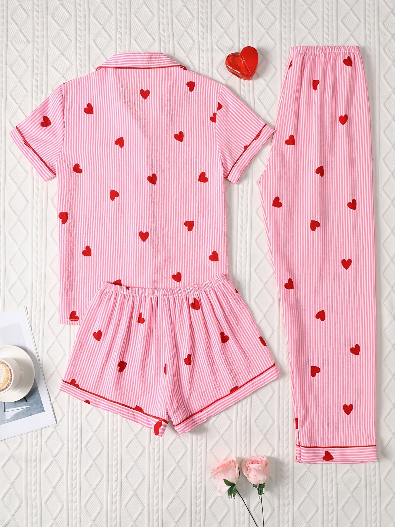 Candy Stripe Hearts Nightwear Set (3-Piece Combo)