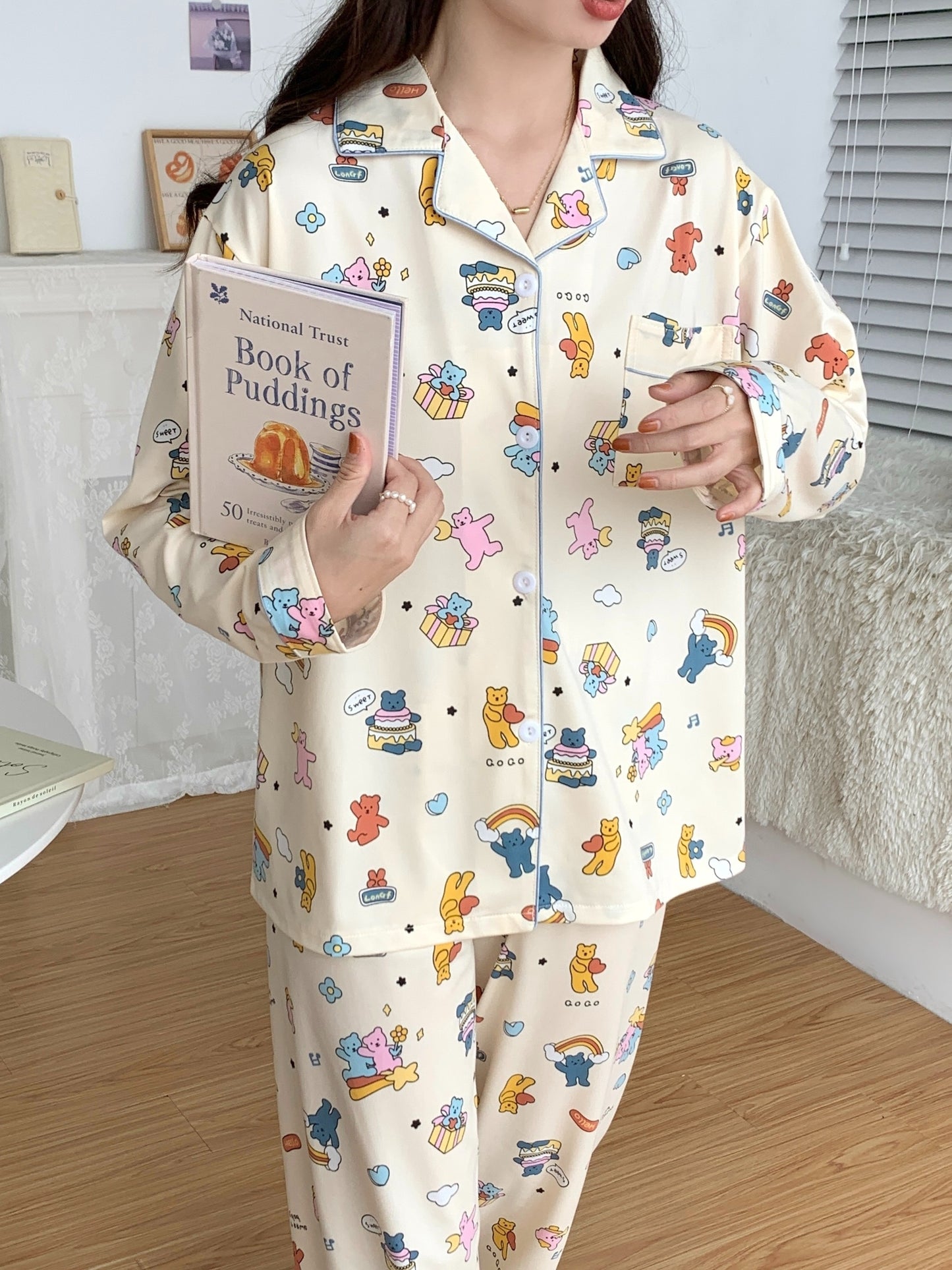 Cartoon Bear & Rainbow Pajama Set – Shirt & Pants