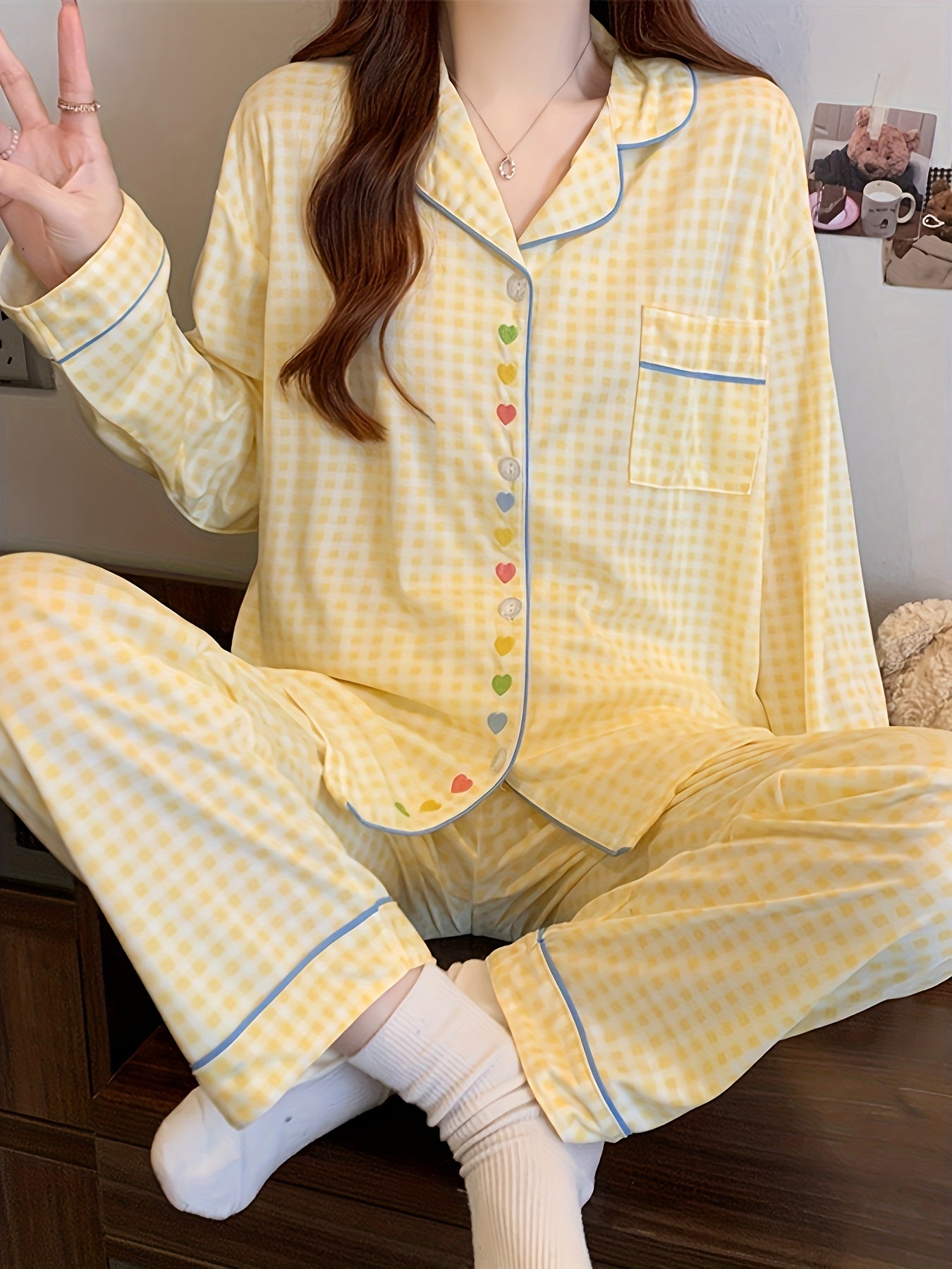 Yellow Gingham Pajama Set with Heart Buttons – Shirt & Pants
