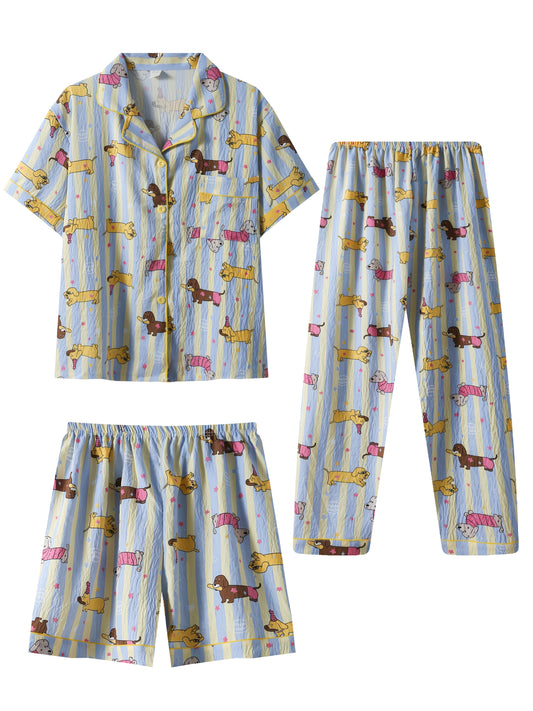 3-in-1 Dachshund Print Pajama Set – Shirt, Shorts & Pants