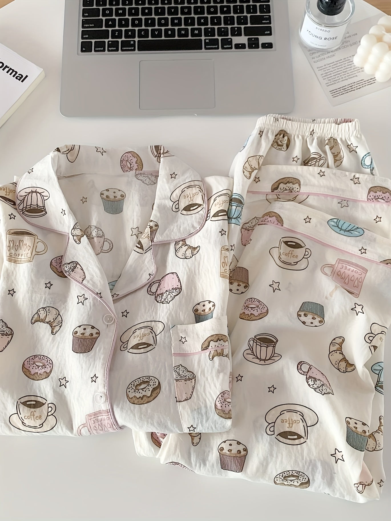 Coffee & Donuts Print Pajama Set – Shirt, Shorts & Pants