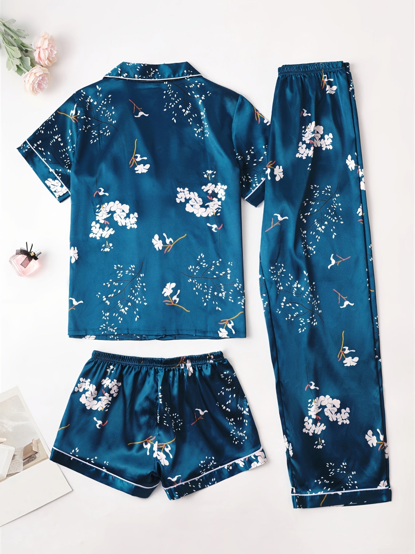 Midnight Blossom Pajama Set (3 Pcs Combo)