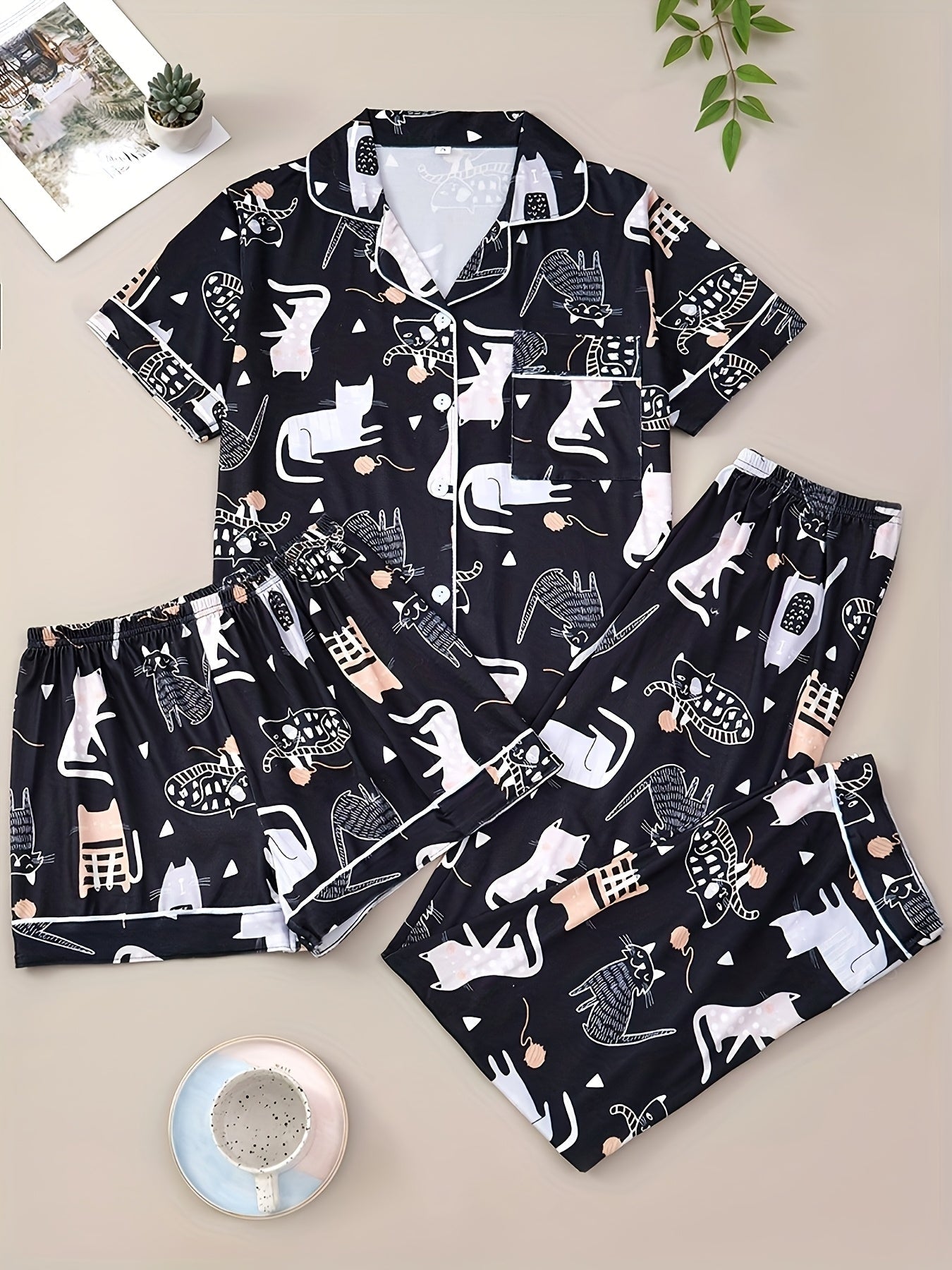 Purrfect Dreams Cat Print Nightwear Set (3-Piece Combo)