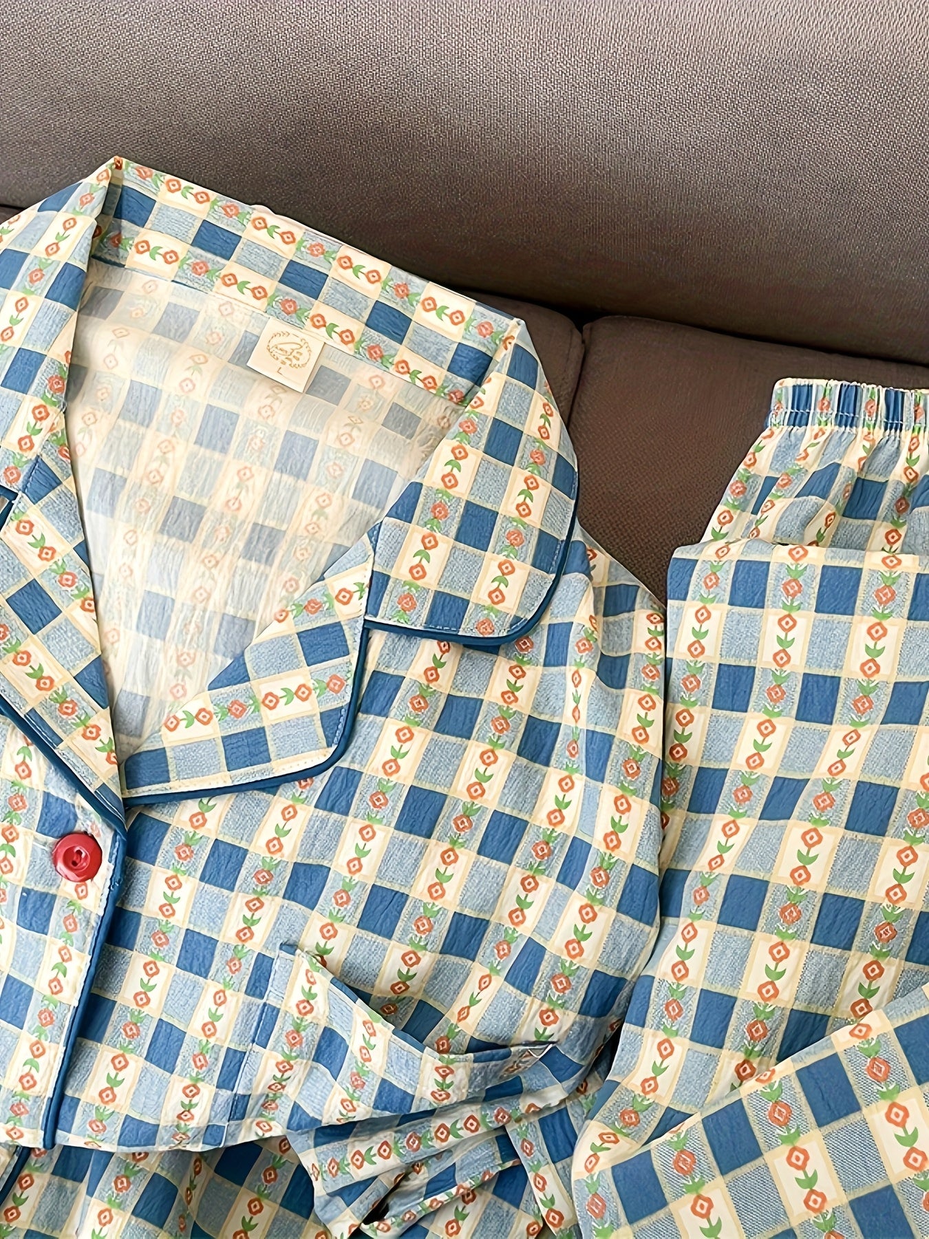 Vintage Blue Check Pajama Set – Button Shirt & Pants