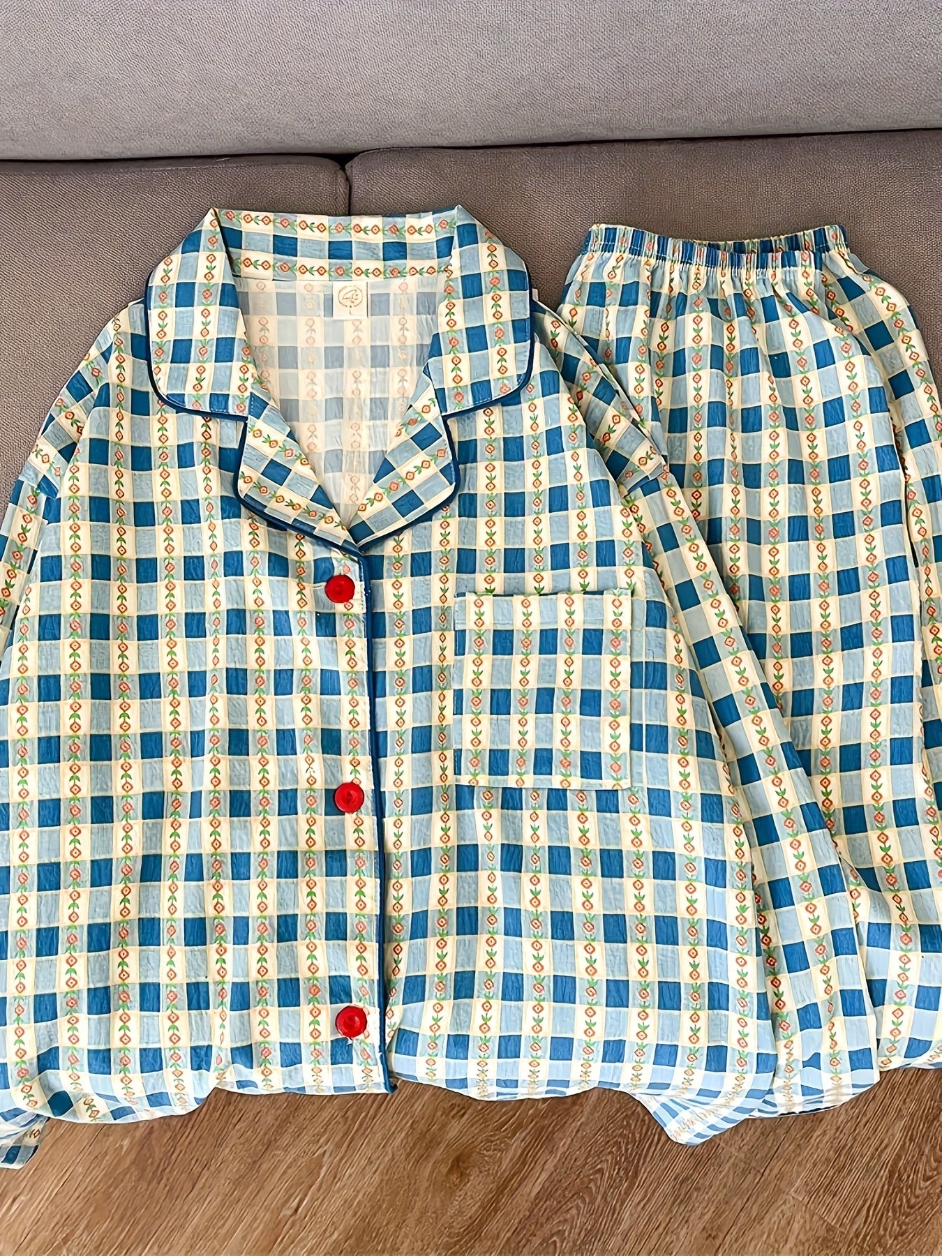 Vintage Blue Check Pajama Set – Button Shirt & Pants